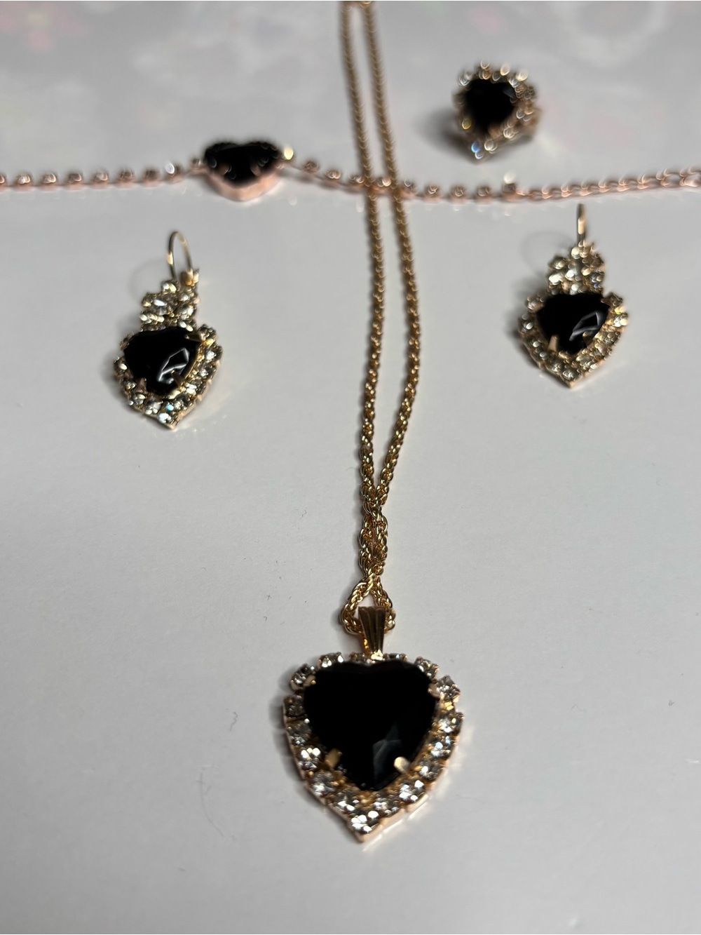 Golden with Black and Crystal Heart Pendant Necklace, Ring & Earring Set